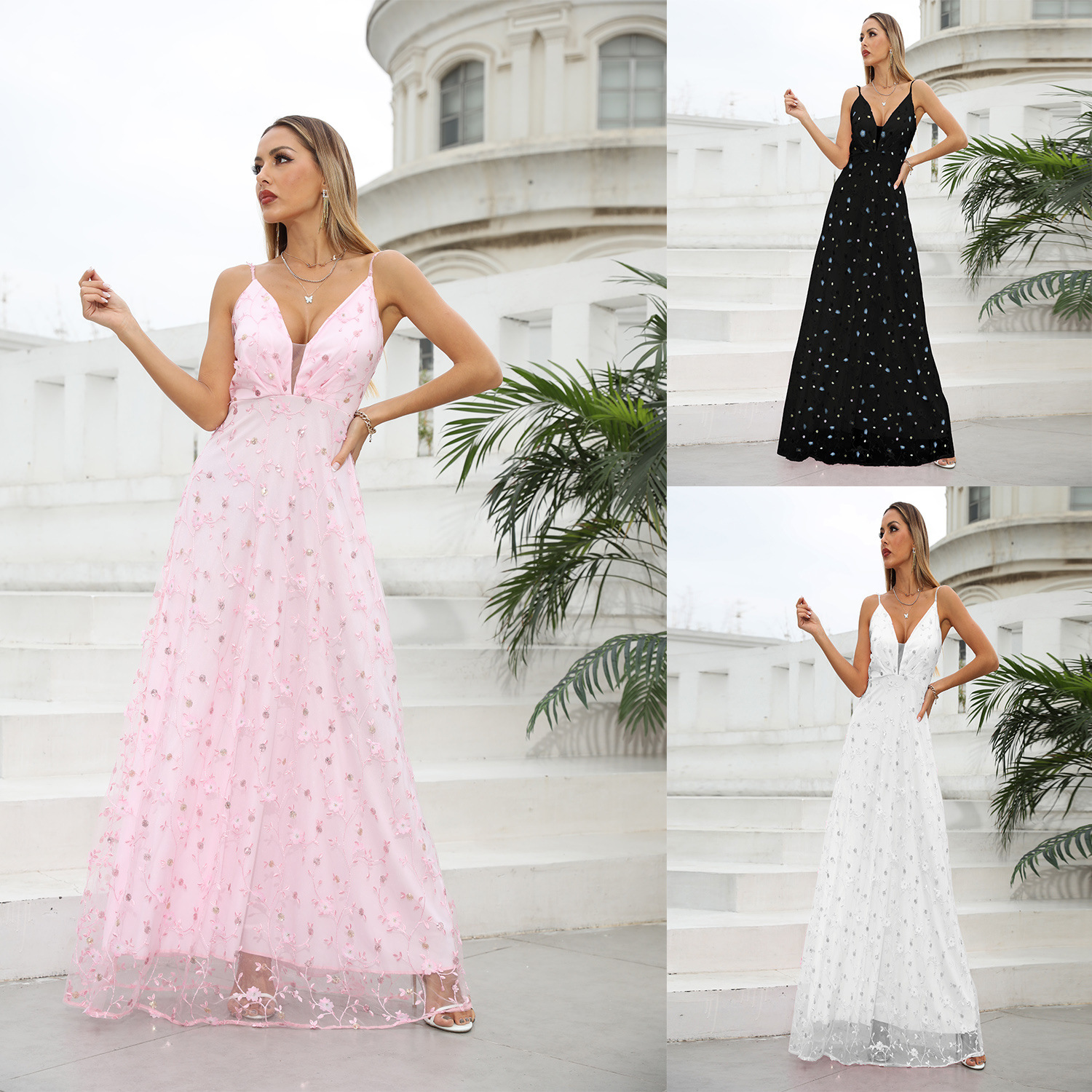 Primavera camisola vestido nuevo Rosa boda largo camisola vestido Amazon encaje vestido de noche