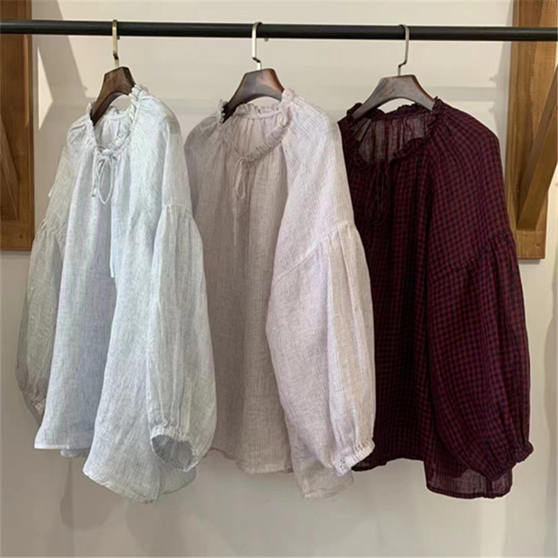 Japanese Style Fungus Lace-up Round Neck Linen Top Women's Spring and Summer New Loose All-match Sweet Age-reducing Striped Top for Women