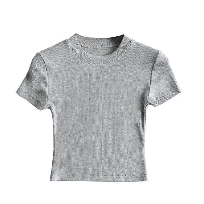 夏の新しいヨーロッパとアメリカのベーシックな小さなラウンドネックショートへそ出しTシャツ伸縮性のあるタイトな半袖ボトムストップ女性用|undefined