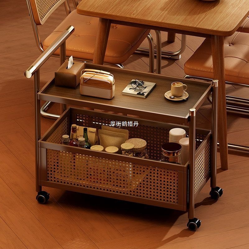 Popular Mobile Small Coffee Table Sofa Living Room Retro Storage Side Cabinet Storage Rack Rattan Side Cabinet Second-Hand Trolley