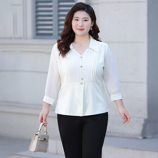2025 Autumn Young Mom Plus Size Autumn Fashion Shirt Middle-Aged Women's Fashionable Top Mid-Sleeve Chiffon Shirt