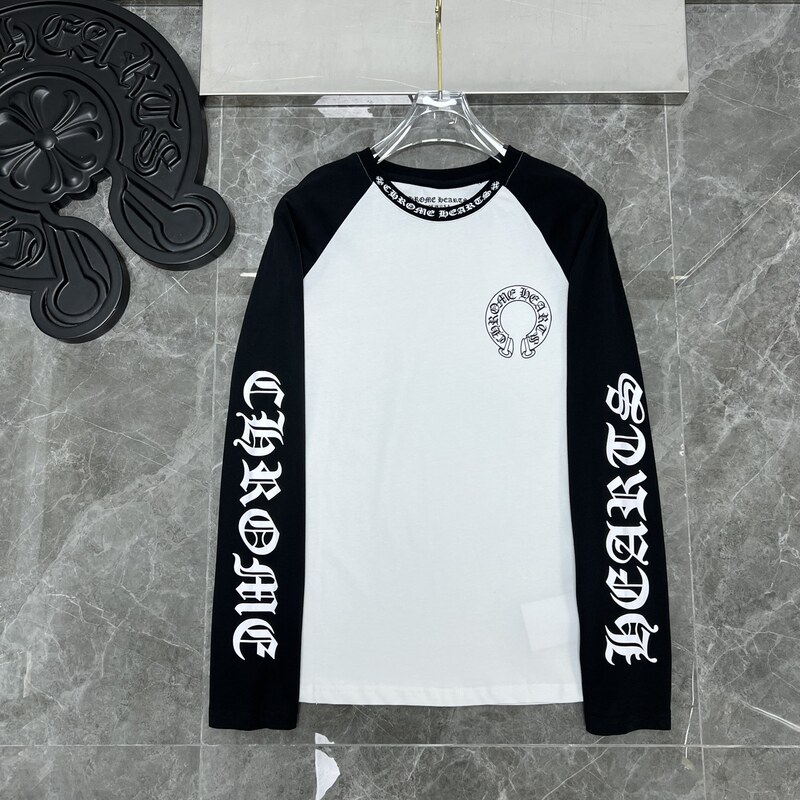 2024 New Crowe CH Black and White Letter Big Horseshoe Color-matching Sanskrit Letter Printing Long Sleeve T-shirt Base Shirt
