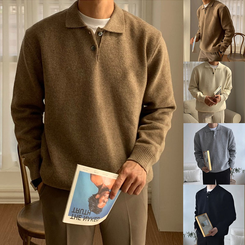 Autumn and Winter New Henry Collar Knitwear Men's British Style Business Pure Color Lapel Jacket Cross-Border Hot-Selling Knitwear