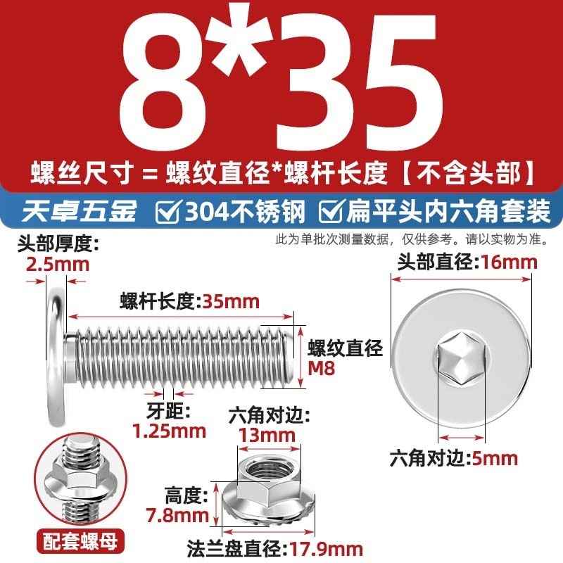 304不锈钢CM大平头超薄头C头扁平头内六角螺丝钉法兰边螺母套装M5|undefined