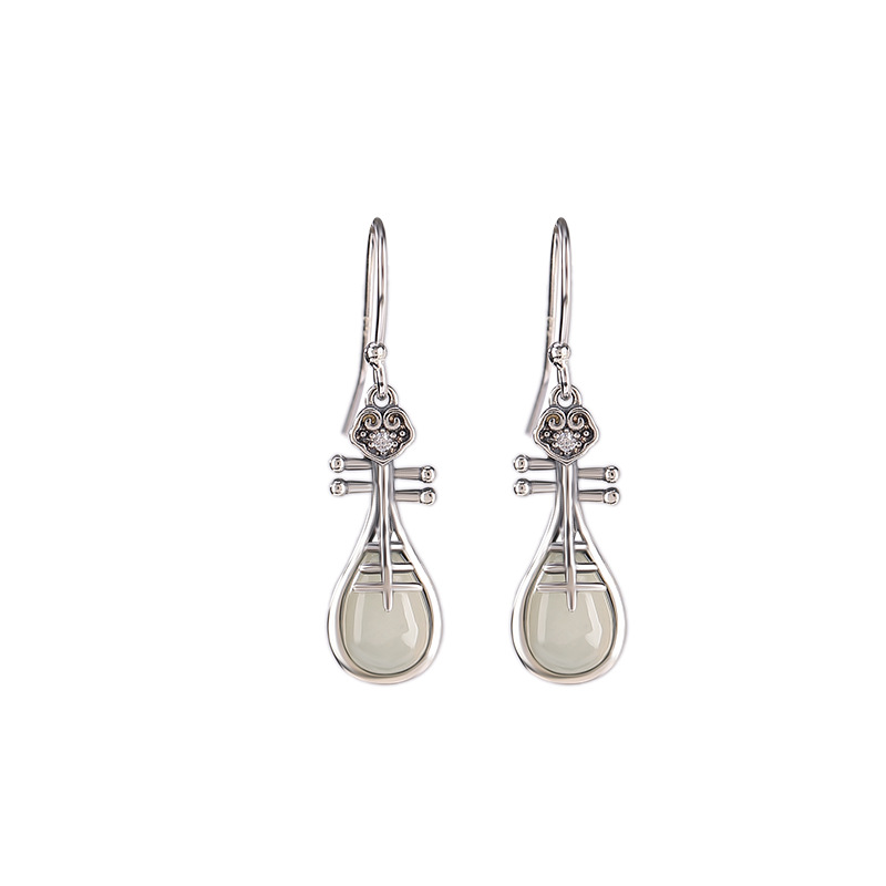 Bông tai bạc S925 đính ngọc bích Hetian phong cách quốc gia — Một cặp
