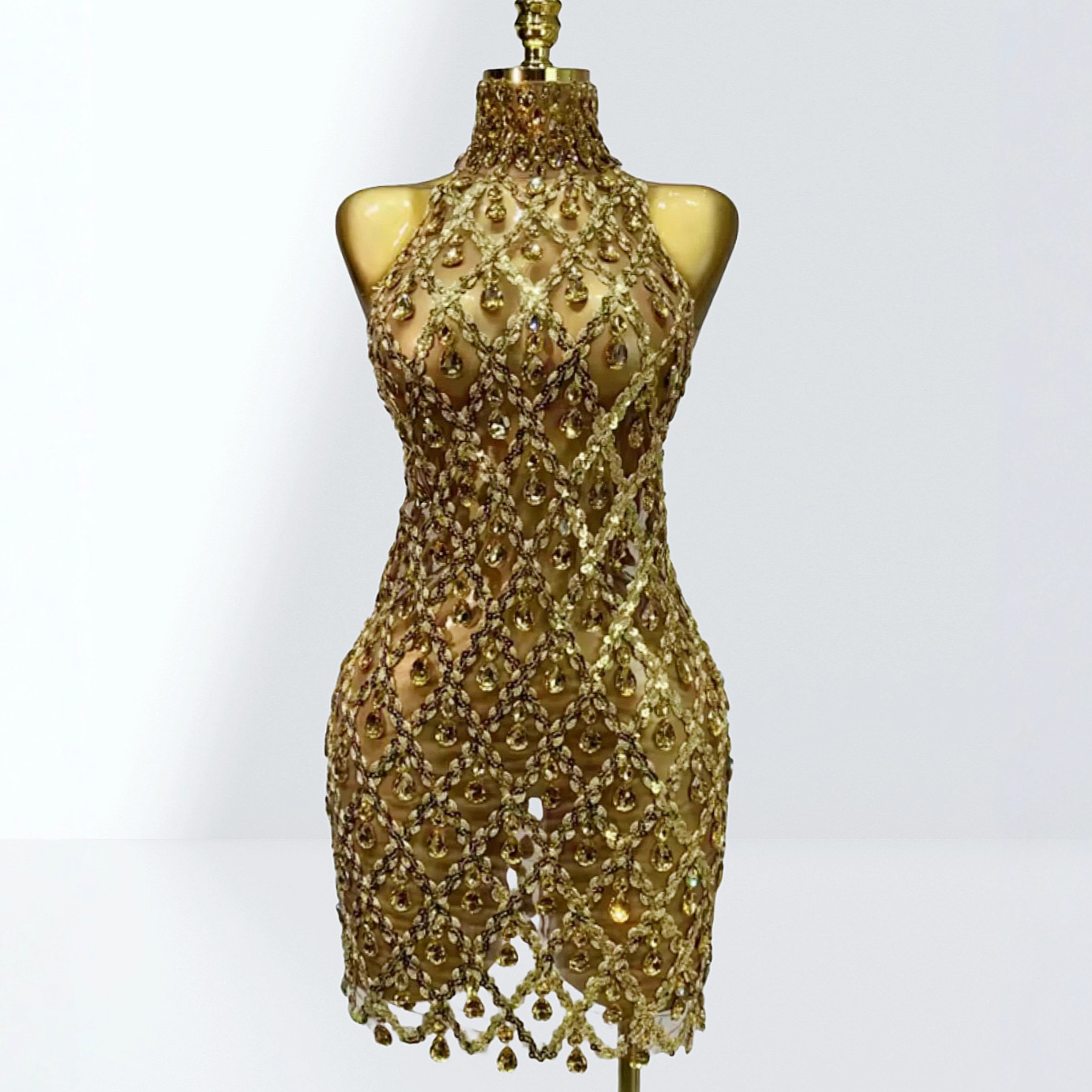 Foreign trade cross-border super shiny sequined rhinestone see-through mesh dress fashion gorgeous party dinner performance dress