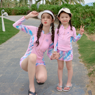 Parent-child Swimsuit Split Flat Corner Korean Style Mother-daughter Same Style Belly-covering Slimming Hot Spring Swimsuit Set Girls' Large Size