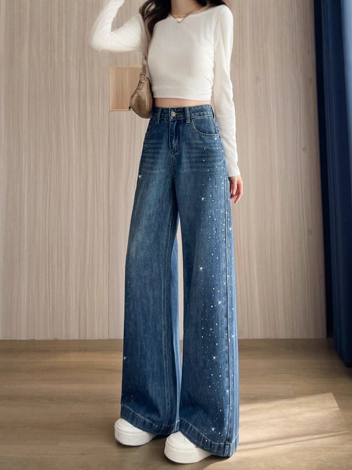Quần jean ống rộng nữ cạp cao đính đá màu xanh cổ điển, dáng suông rộng thoải mái — Retro màu xanh chín điểm, Xanh Vintage, Dáng Dài, Xám Than, Dài Hơn, Xám than, dáng thường
