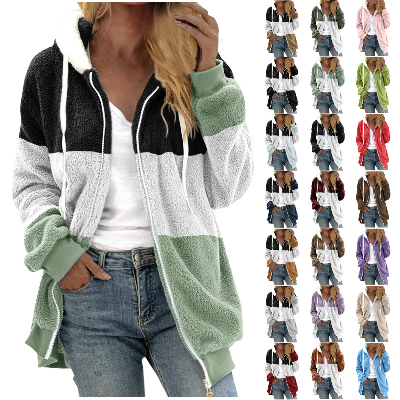 Wish independent station 2023 Amazon best selling new autumn and winter loose plush multi-color stitching hooded coat women Wish independent station 2023 Amazon best selling new autumn and winter loose plush multi-color stitching hooded coat women