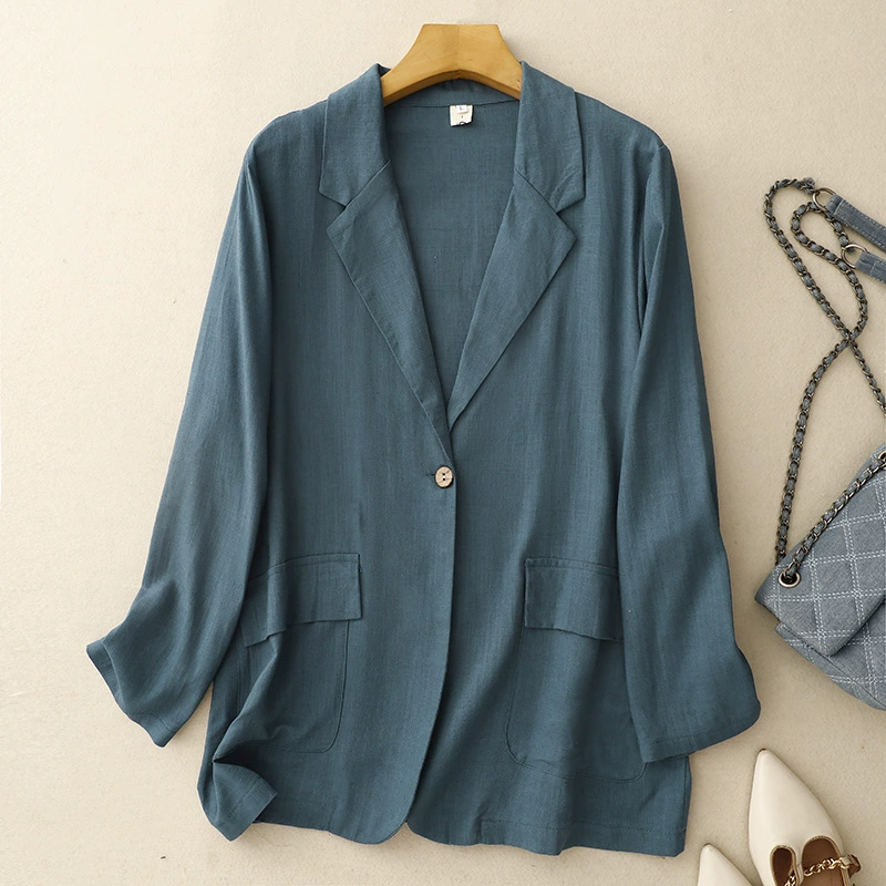 Retro suit, coat, jacket, cotton and linen, plus size