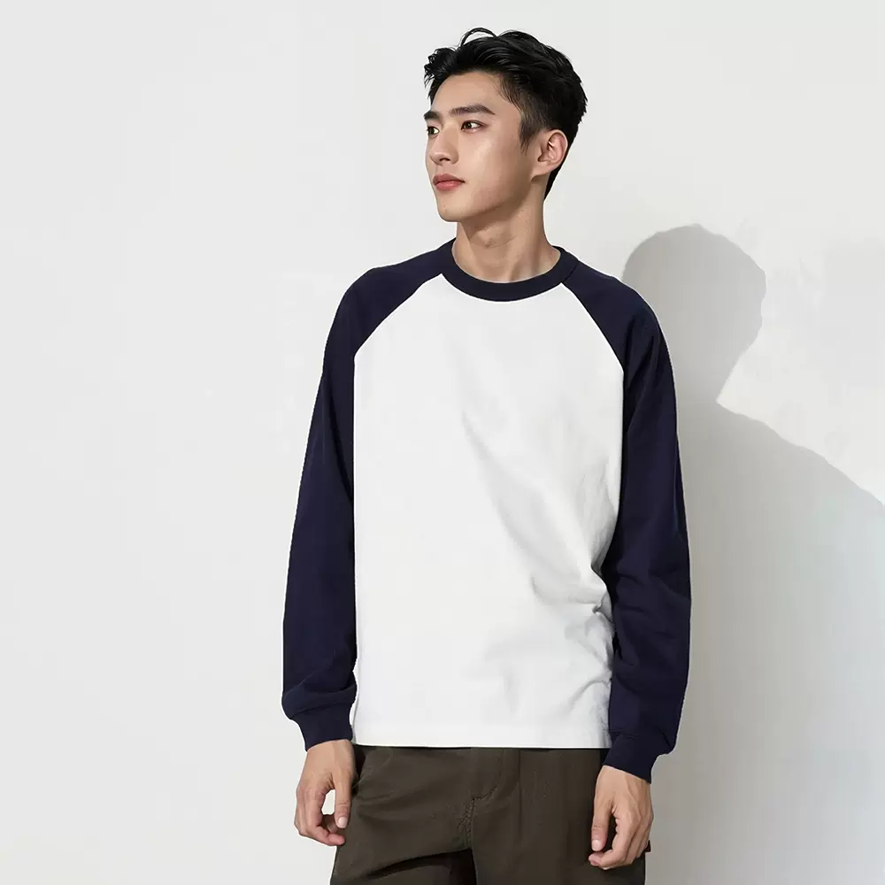 情侣休闲宽松插肩袖T恤男女240G纯棉长袖打底衫新款潮流圆领上衣