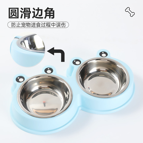Home Pet Cute Cartoon Frog Two-in-One Pet Dual Bowl Food Set Sufficient Stock Stainless Steel Cat Bowl Dog Bowl
