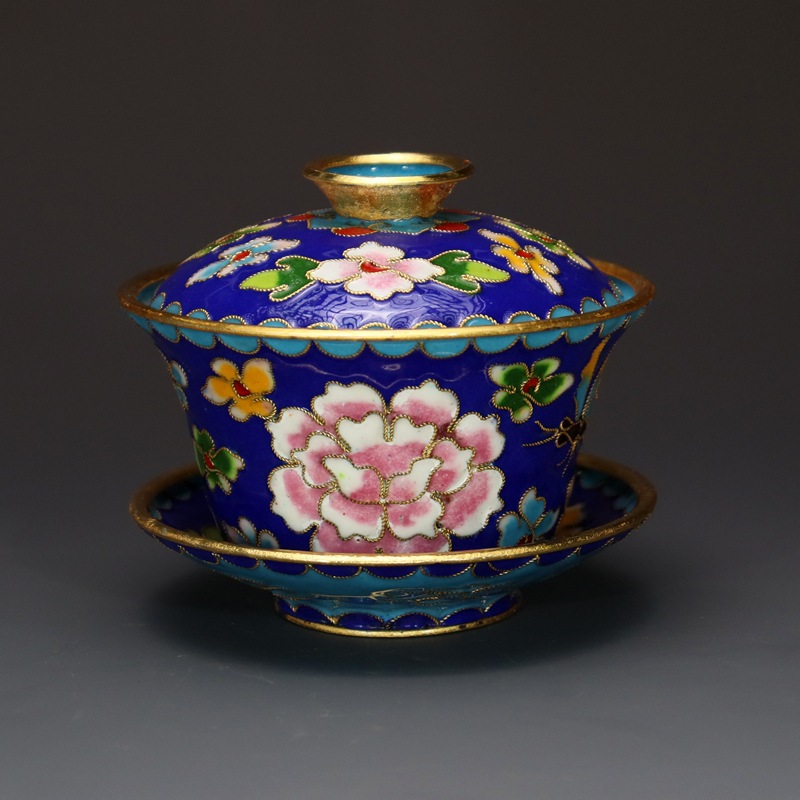 北京景泰蓝工艺文化礼品摆件铜胎掐丝珐琅花丝银蓝大小茶碗盖碗