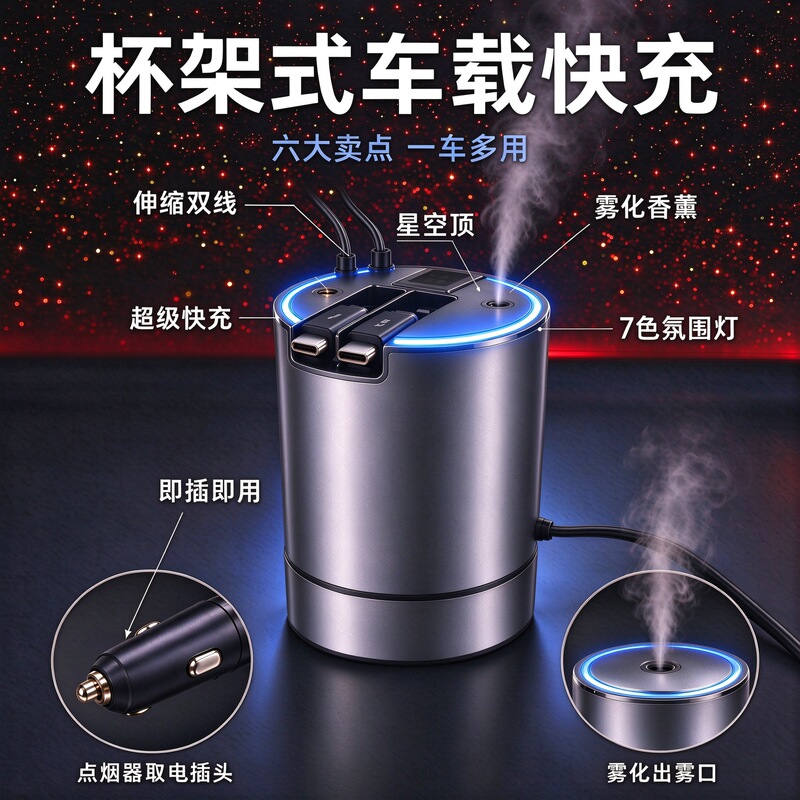 Cross-Border Multifunctional Universal C-Port Car Charger with Super Fast Charging, Car Fragrance, 7-Color Ambient Light, and Starry Sky Ceiling