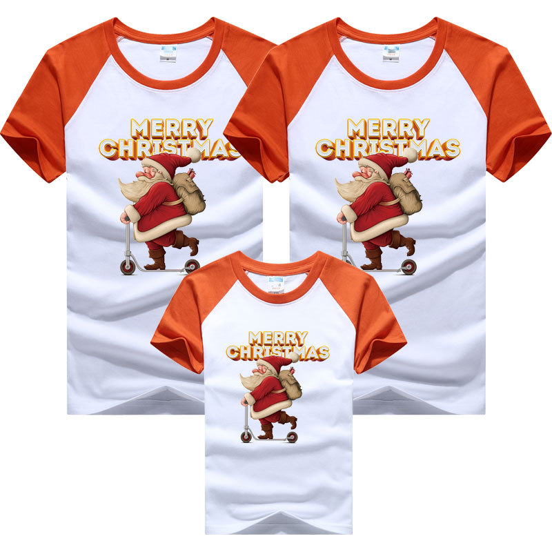 Traje padre-hijo una manga raglán de cuatro bocas verano levante la mano Navidad patineta Santa Claus niños manga corta color a juego transfronterizo camiseta