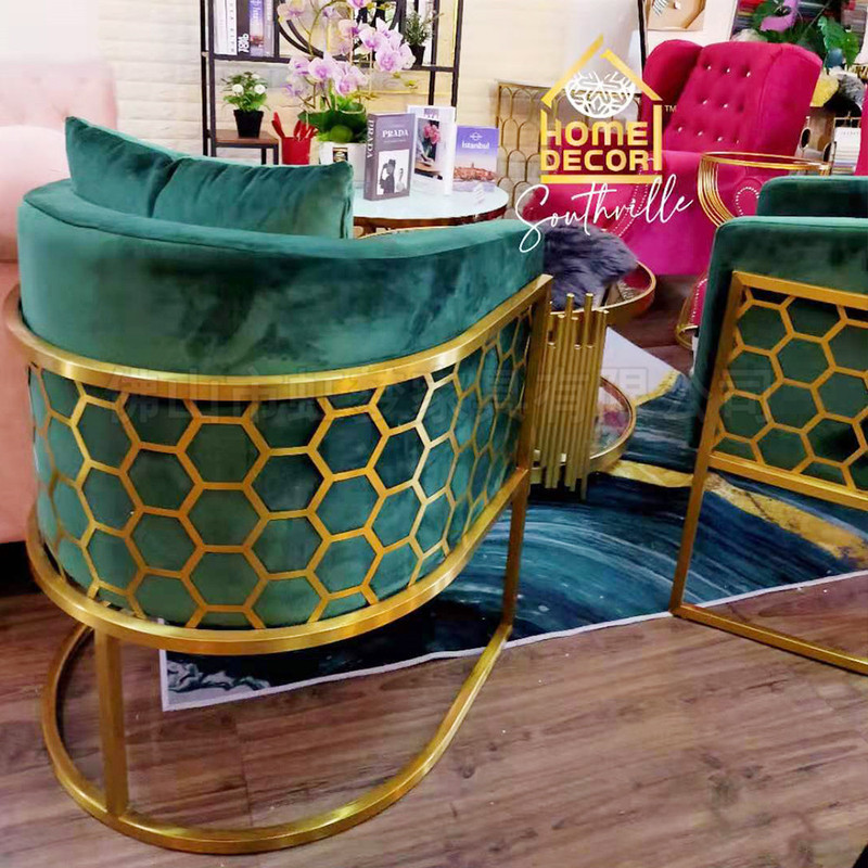 Stainless steel gold-plated hollow pattern leisure chair | Internet celebrity restaurant Home velvet fabric dining chair | Nail soft bag chair