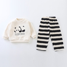 新款儿童家居服开衫女宝睡衣套新款毛软糯提花宽松法兰绒男套装