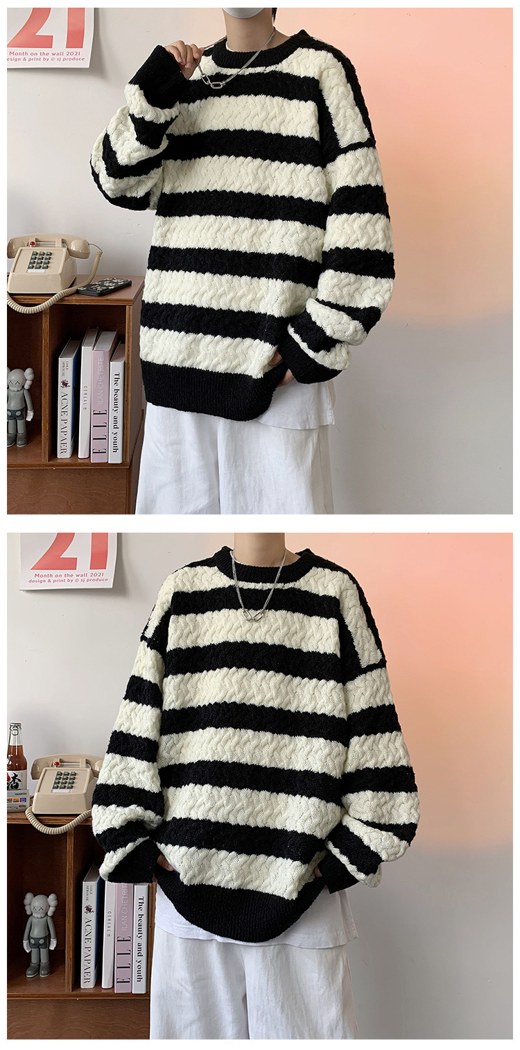 Men's Striped Sweater For Men Oversized Crew Neck Knit Jumper_voghion.com