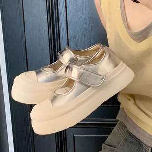 Grape Mom studiolee Big Head Velcro Platform Thick Bottom Height Increasing Round Head Shallow Mouth Mary Jane Small Leather Shoes for Women