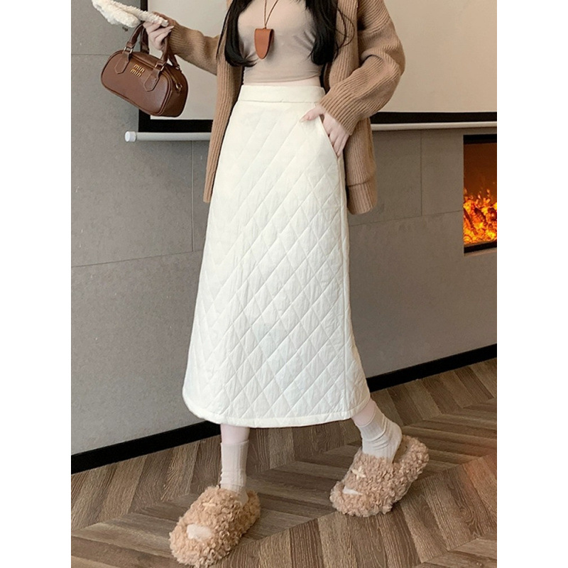 Gonna midi GraceChic in cotone trapuntato spesso con spacco posteriore per donna, gonna aderente a trapezio a vita alta, calda e snellente per autunno inverno_voghion.com