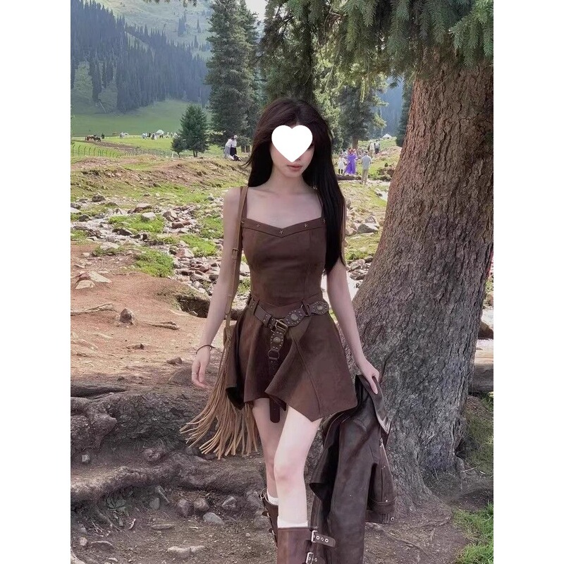 2026 Summer Retro Bohemian Chic Niche Strap Dress for Women with Waist-Cinching Design Short Dress