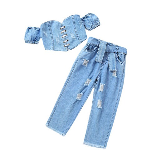 Alibaba.com Hot Selling Foreign Trade Children's Apparel: Strapless Short Sleeve Tied String Bustier Top + Denim Frayed Pants + Belt