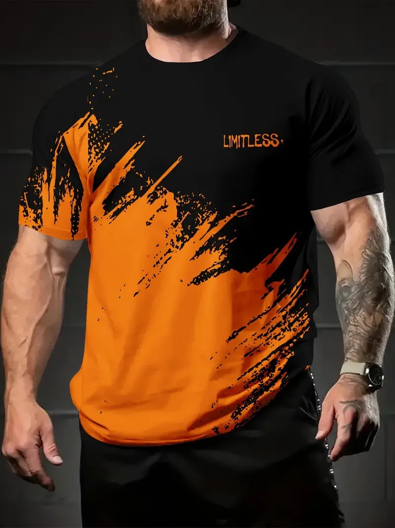 Personalidad calle alta color de contraste lema estampado 3D hombre verano casual todo fósforo ancho ancho hombro recto camiseta de cuello redondo de manga corta