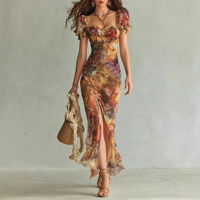2026 Spring New V-Neck Waist-Cinching Ruffle Elegant Dress Amazon Independent Site Cross-Border Women's Clothing