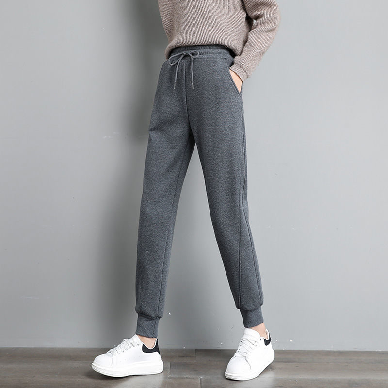 Single pants/thickened plush velvet sports pants for women cotton casual pants tying feet pants for women Korean style slim splicing harem pants