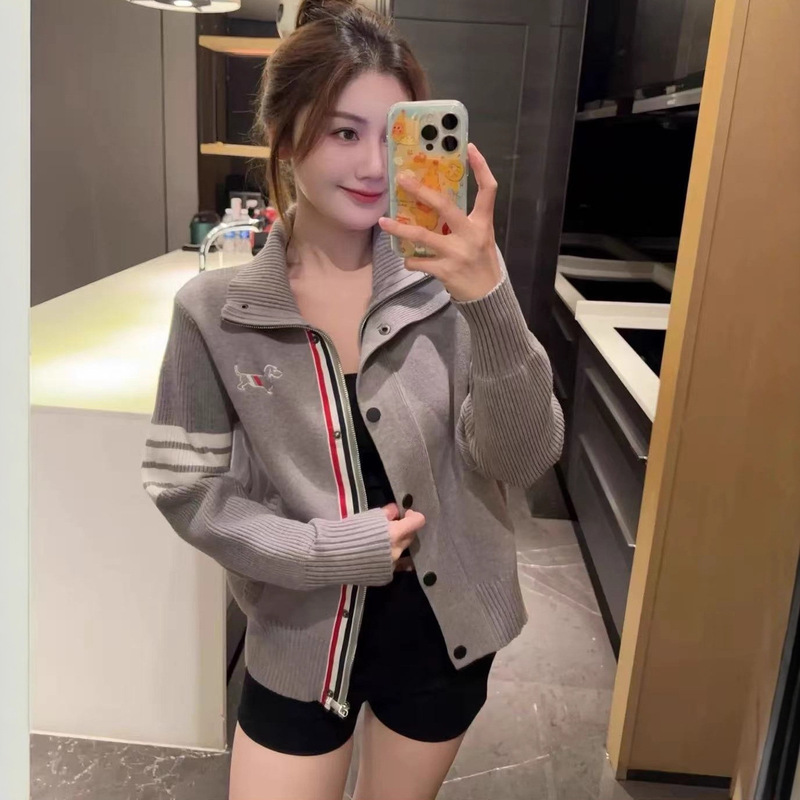 Age-Reducing College Style Embroidered Puppy Design Four-Stripe Knit Cardigan Fashionable Single-Breasted Color-Block Sweater Coat
