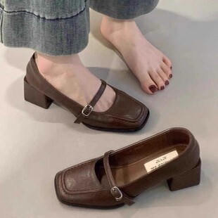 Soft Leather Version! Retro Thick-Heeled Small Leather Shoes for Women, Square Toe, Shallow Mouth, One-Line Buckle Strap, Mary Jane Shoes, Elegant Commuter Shoes