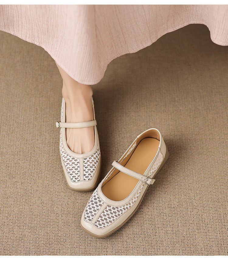 Giày ballet nữ da thật lỗ rỗng phong cách DeTrain phối lưới mùa xuân hè — màu đen, màu trắng ngà chi tiết 23