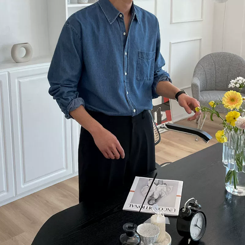 Выстиранная старая джинсовая рубашка MYQ, Мужская Весенняя свободная Высококачественная Рабочая Рубашка с длинными рукавами в Корейском стиле, куртка