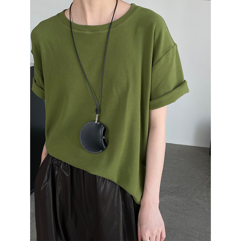 Taochuan Right Shoulder Brushed Pure Color Short-Sleeved T-Shirt for Women 25 Autumn Korean Style Casual Loose Round Neck Versatile Top 2803