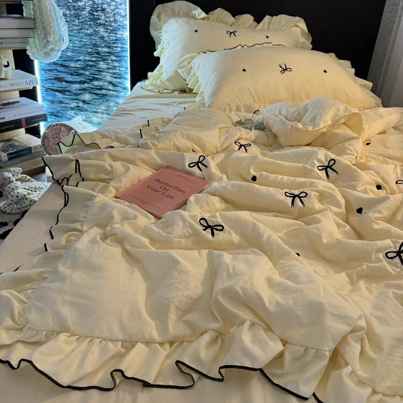 Girly Heart Bow Lace Embroidery Summer Quilt Washed Cotton Washable Air Conditioning Quilt Summer Cooling Quilt Four-Piece Thin Quilt