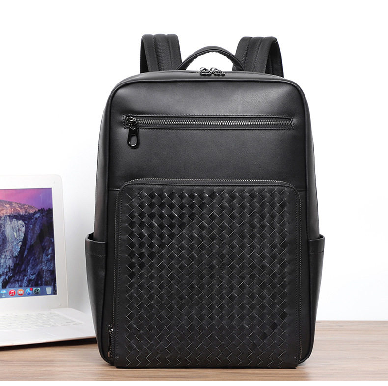 Ba lô nam da bò thật dệt đan, ngăn đựng laptop 15,6 inch, dung tích lớn — Màu đen chi tiết 3