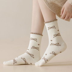 女士秋冬澳絨襪加厚保暖地板襪蝴蝶結中筒襪堆堆襪毛絨襪批發諸暨