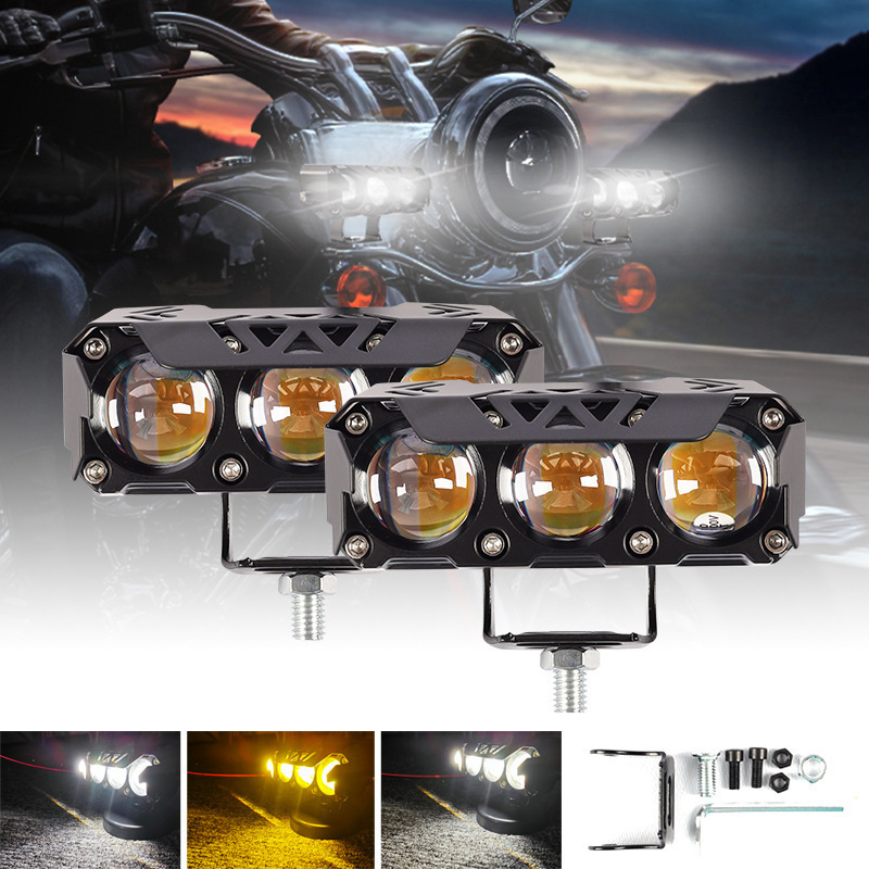 Nuevas luces de motocicleta de tres ojos, luces de trabajo externas amarillas blancas, faro auxiliar de alto brillo para vehículos eléctricos image 4
