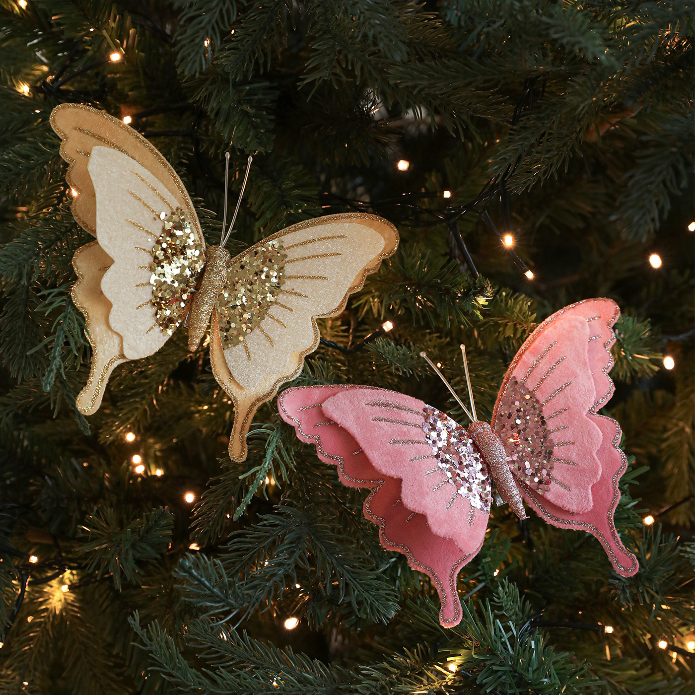 Nuevos productos de tela de alta calidad abrazadera de arco de tela de lana de doble capa colgante de polvo adesivo flocado árbol de Navidad decoración de escena