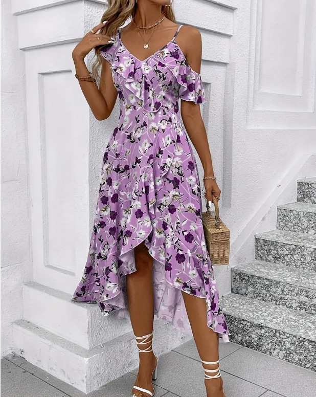 Women's Clothing Floral Print Sundress Irregular Slit Slim Waist Vacation Style Long Dress Fairy Beach Photos Dress For Women_ecoleips.com