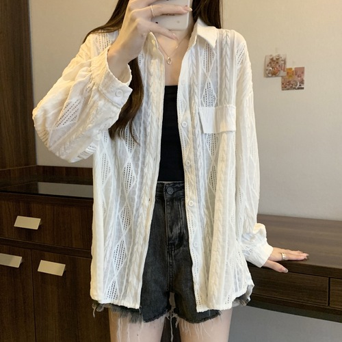 Women's Spring and Autumn New Casual Crochet Lattice Blouse with Design Sense, Elegant Women's Slimming White Shirt Top Trendy