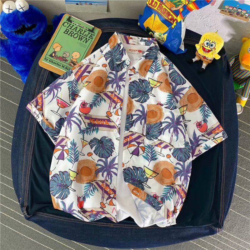 Japanese-Style Bf Floral Shirt, Pastoral Style, Casual Summer Beach Short-Sleeve Trendy Shirt, Half-Sleeve, Unisex Couple's Outfit, Lightweight