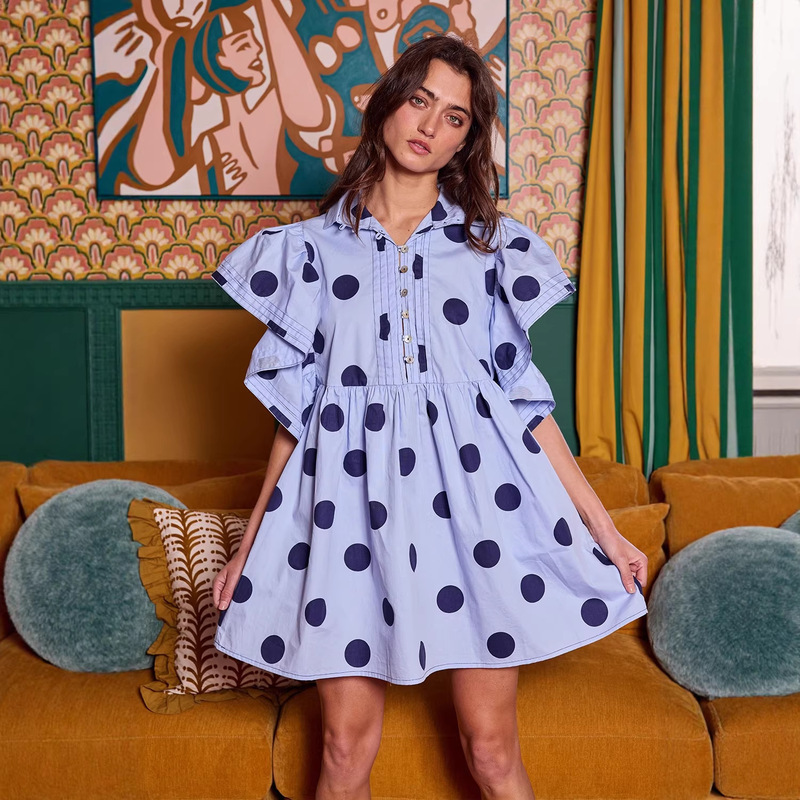 2025 Spring and Summer New Polka Dot Print Pullover Shirt for Women, Independent Fashion Brand Ruffled Short-Sleeve Top for Women