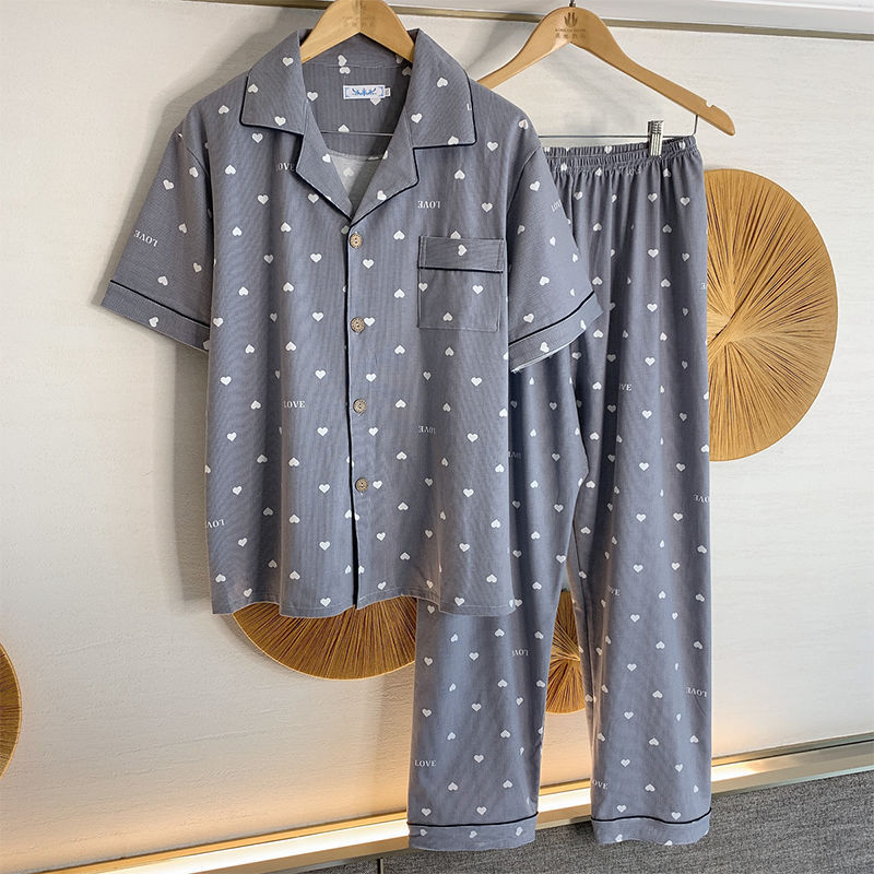 Pijamas de algodón de los hombres de primavera y verano Pantalones delgados de manga corta cardigan niños pueden usar fuera más tamaño homewear de verano