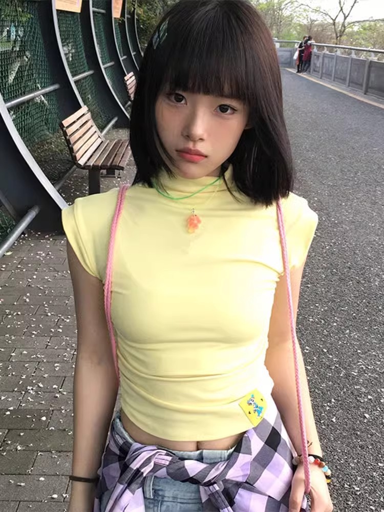순수한 욕망 어깨 높은 칼라 반팔 티셔츠 여성의 여름 달콤한 향신료베이스 셔츠