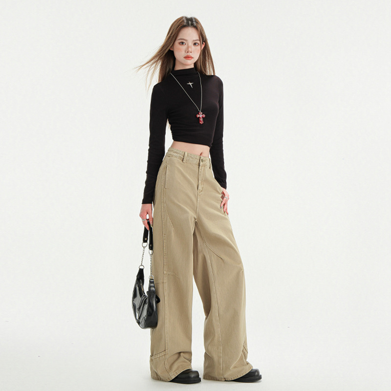 American Style Retro Stitching Design Sense Wide Leg Jeans Women's Spring New khaki Loose Wide Leg Straight Pants