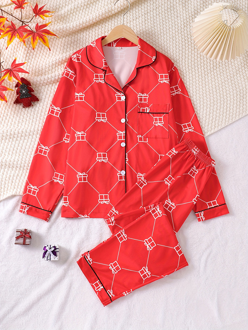 Año Nuevo europeo y americano traje de pijama entre padres e hijos seda artificial Primavera y otoño decoración del hogar completo Navidad Nuevo Hogar desgaste de dos piezas de invierno