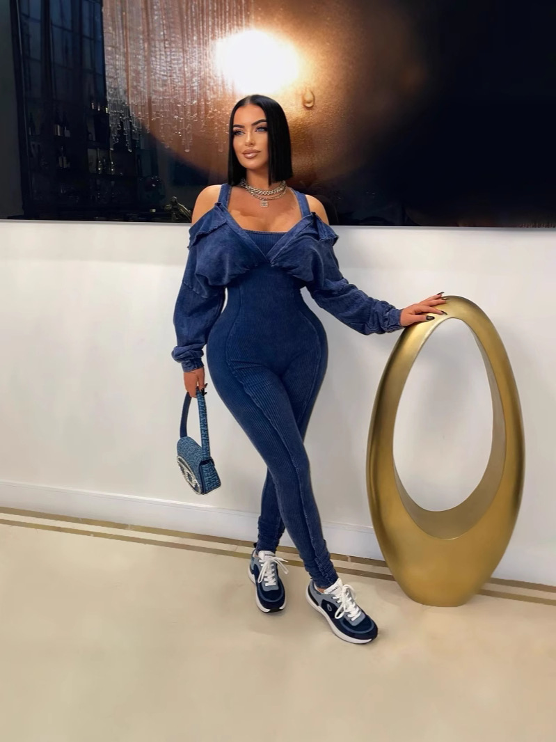 Explosiones europeas y americanas de ropa de mujer V-collar de pierna mangas apretadas empalmadas jatuanes otoño y invierno nuevo conjunto sexy nueva ropa de mujer
