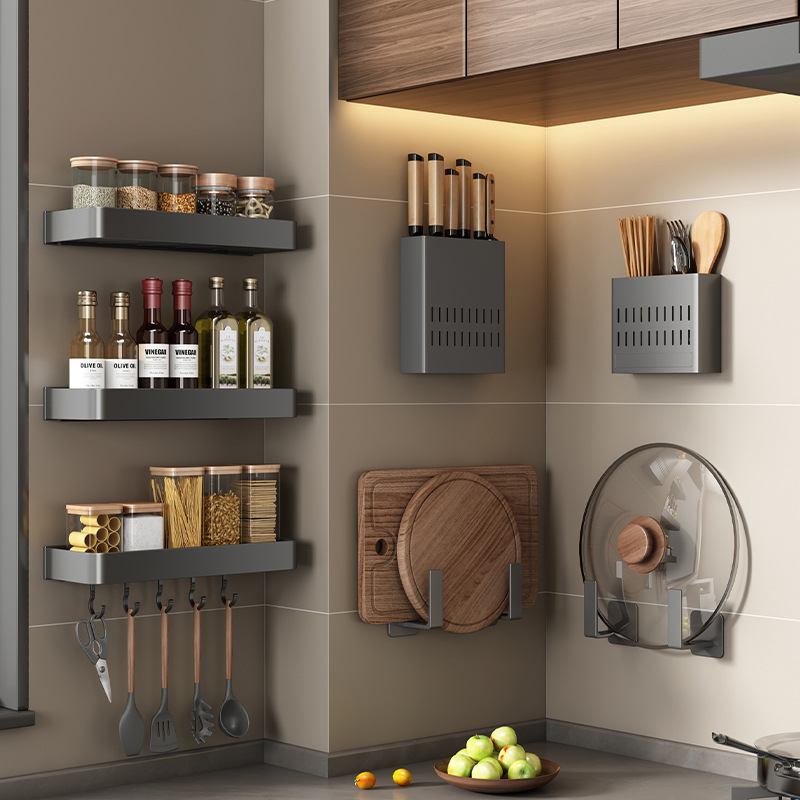 Gunpowder Kitchen Shelf Wall-mounted No-Drill Household Spice Rack Utensil Holder All-in-One Kitchen Tool Storage Rack