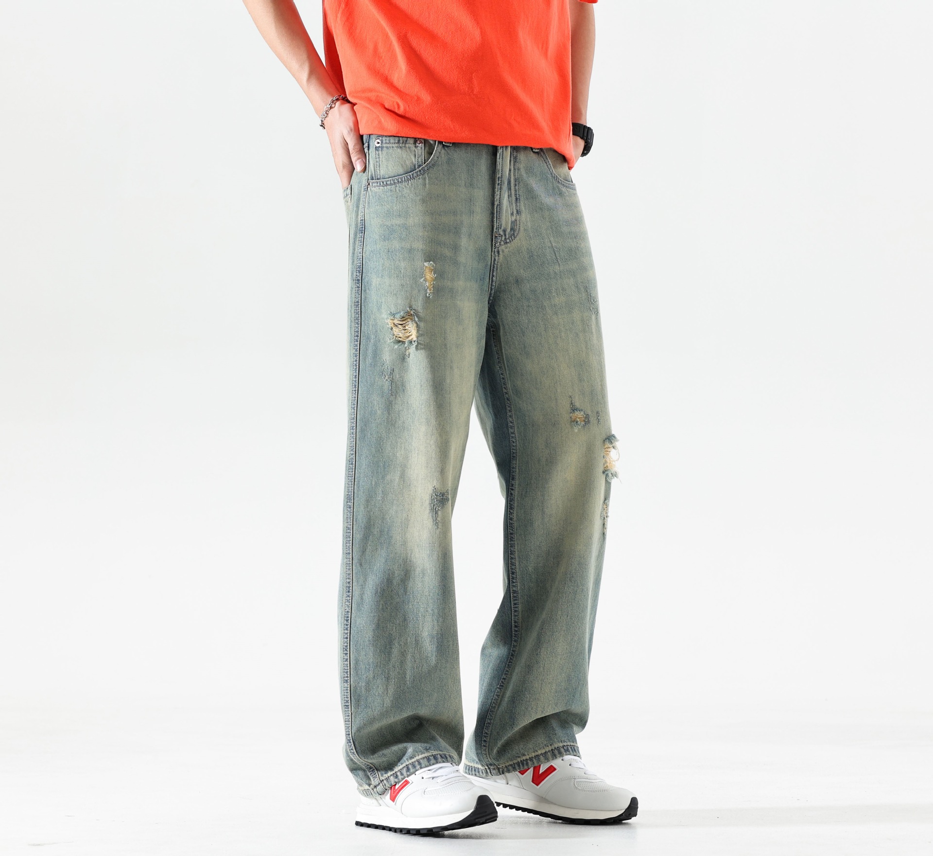 春季新款款潮流水洗工艺黄泥色宽松直筒牛仔裤